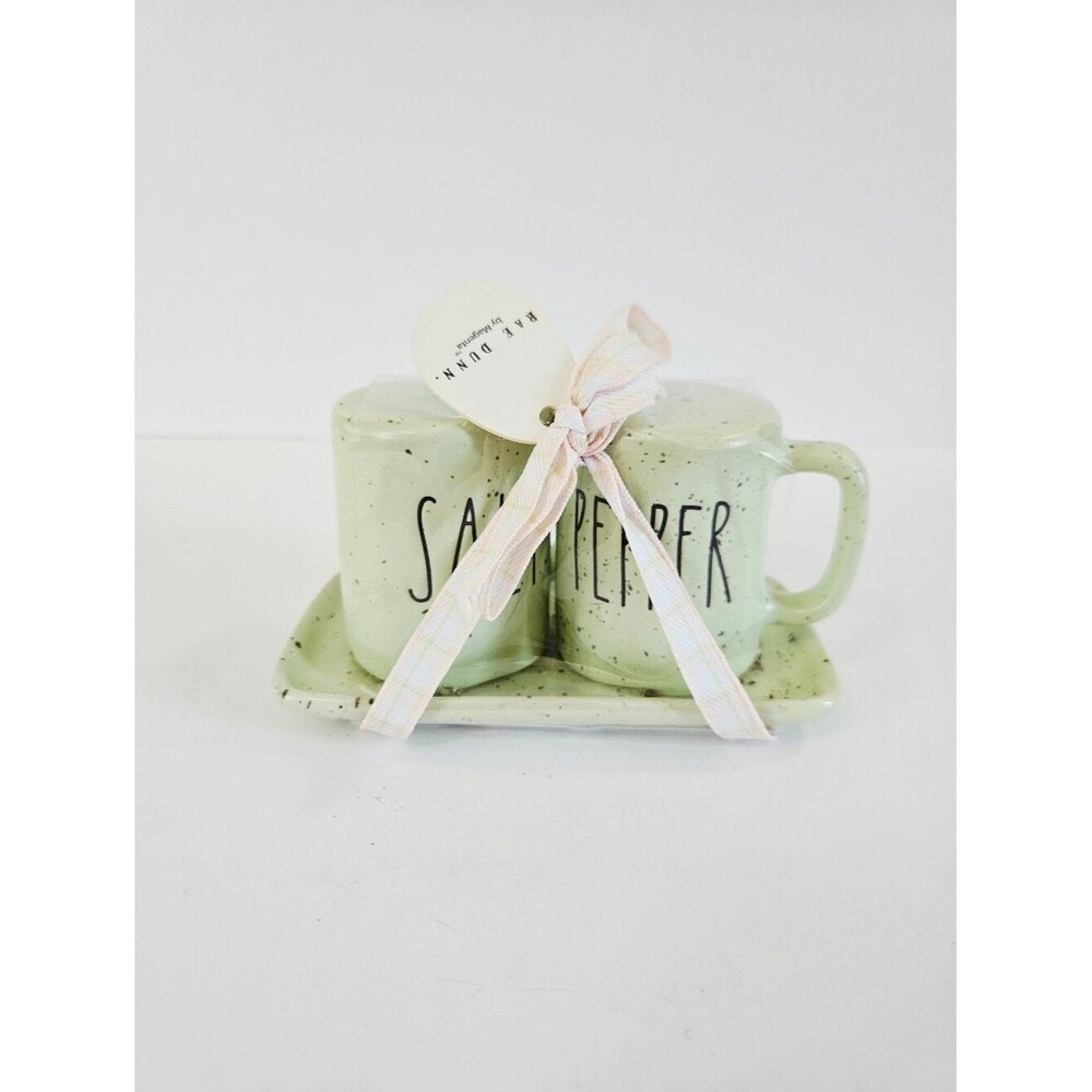 Vintage Rae Dunn Mini Mug Ceramic Salt & Pepper Shakers Speckled Mint Green NWT